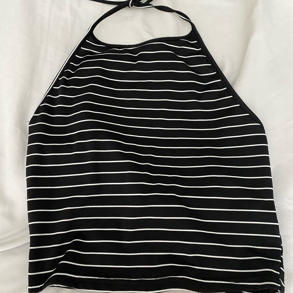 Black and white striped halter crop top